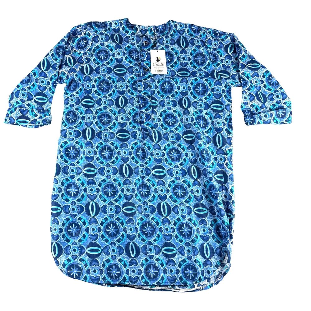 Uzuri Closet Dress Shirt Men's 2XL Blue Matina African 3/4 Sleeve Geometric NWT